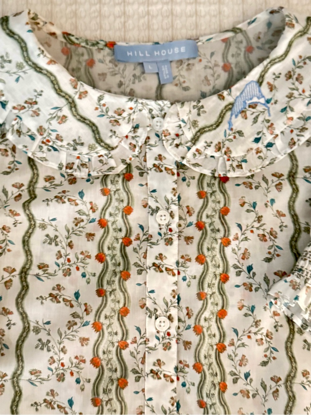 Hill House 100% Cotton Floral Print Ruffle Collar Blouse / Size Large